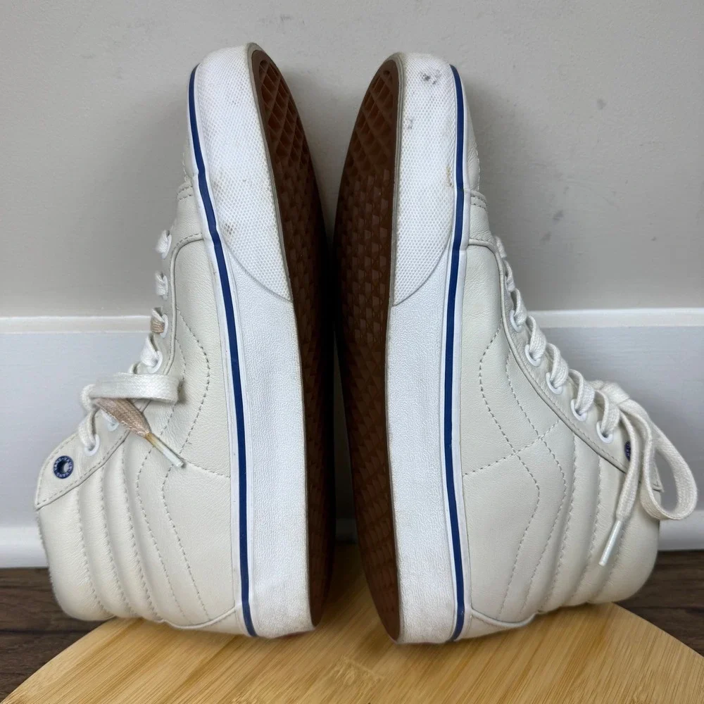 Vans Sk8-Hi Sneakers Womens 7 Mens 5.5 Off-White Leather Good High Top Blue Trim
